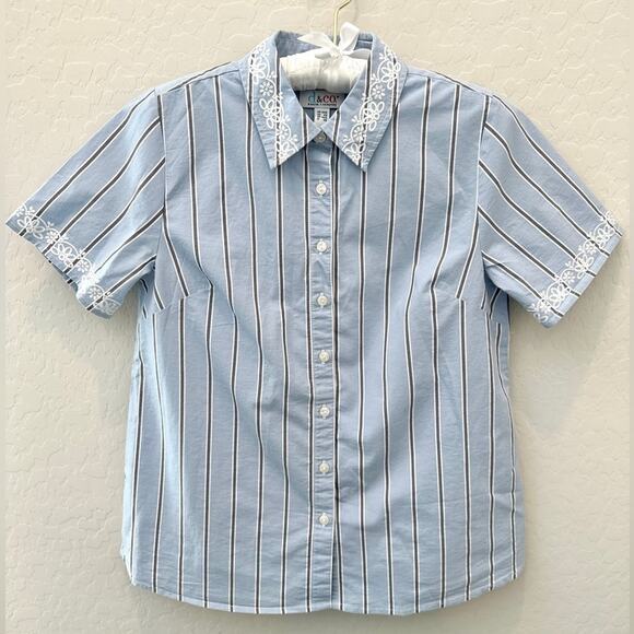 DENIM & CO Blue Striped Shirt Embroidered Collar Short Sleeve Button Front | XXS - Picture 1 of 6